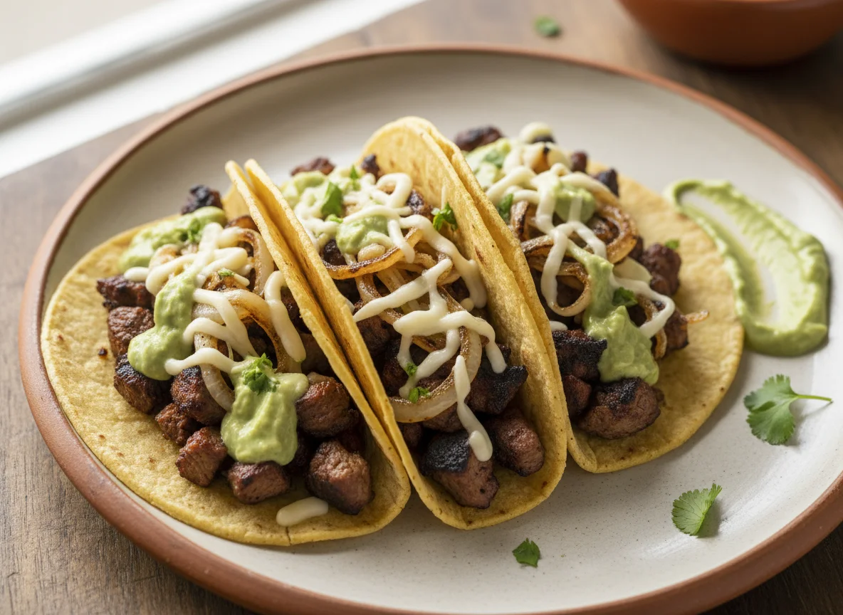 Tacos de carne asada con queso y cebolla photo