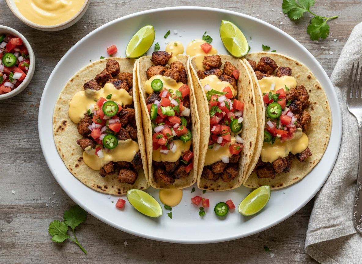 Tacos de carne asada con salsa de queso y pico de gallo photo
