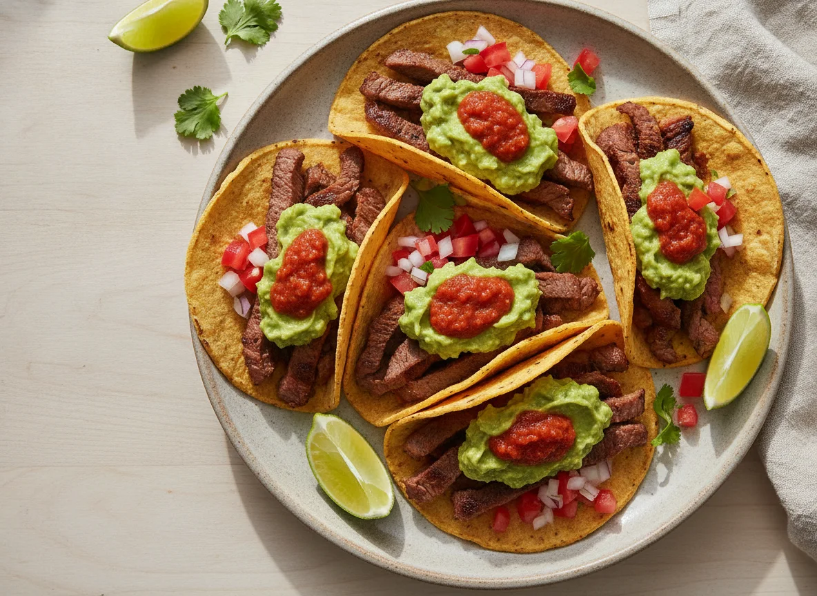 Tacos de carne asada con salsa y guacamole photo