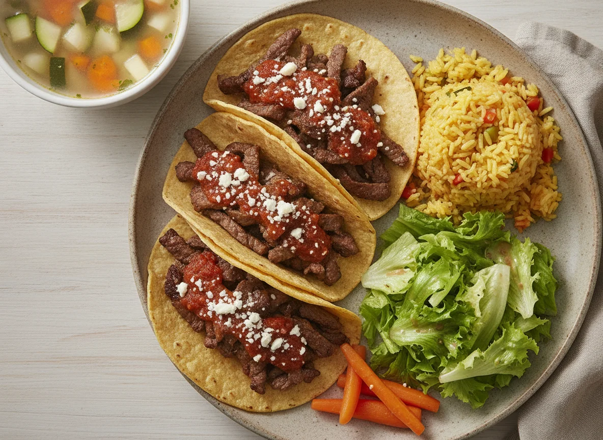 Tacos de carne con arroz, ensalada y sopa photo