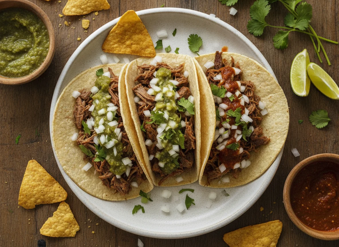 Tacos de carne con cebolla, cilantro y salsa photo
