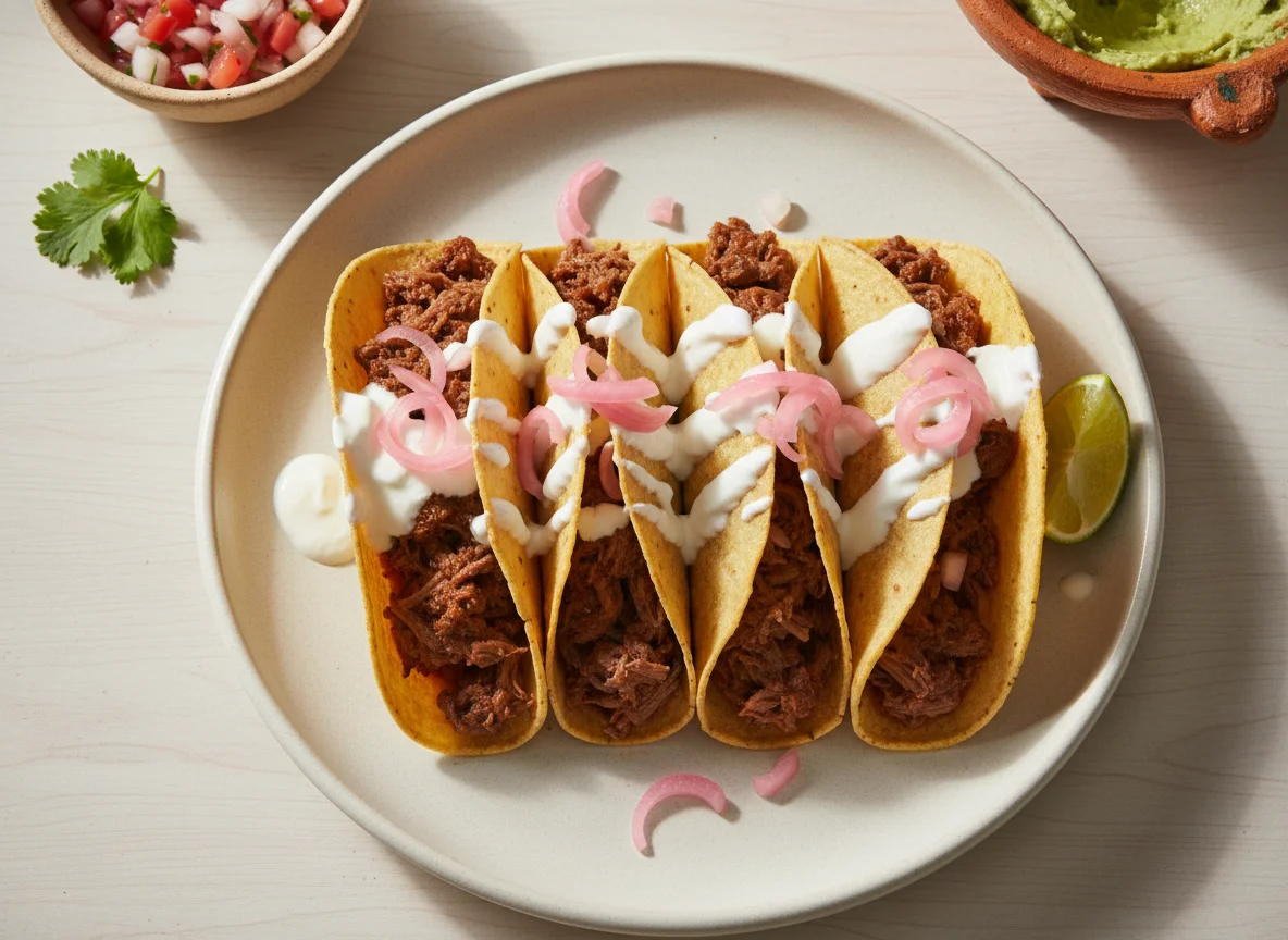 Tacos de carne con crema y cebolla encurtida photo