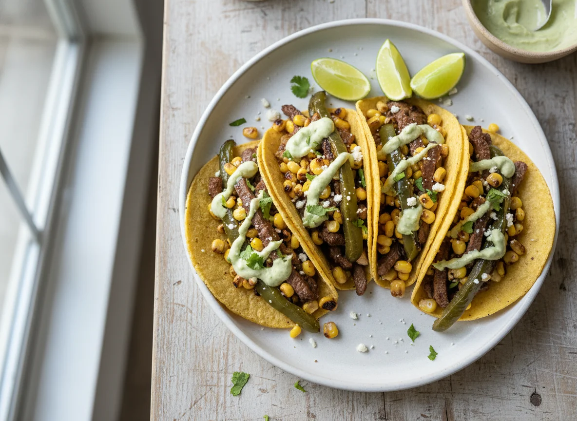 Tacos de carne con elote y rajas photo