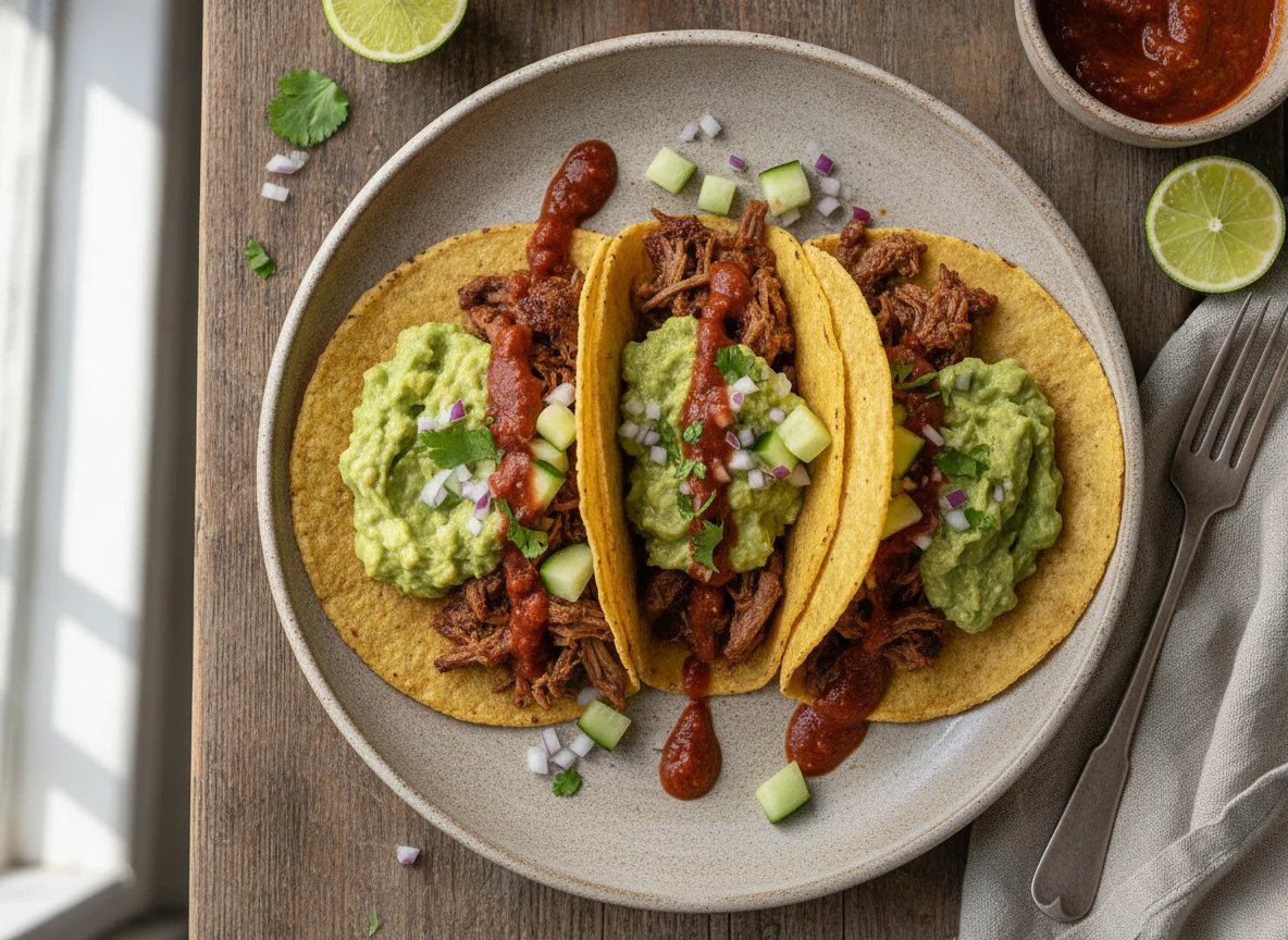Tacos de carne con guacamole y pepinos photo