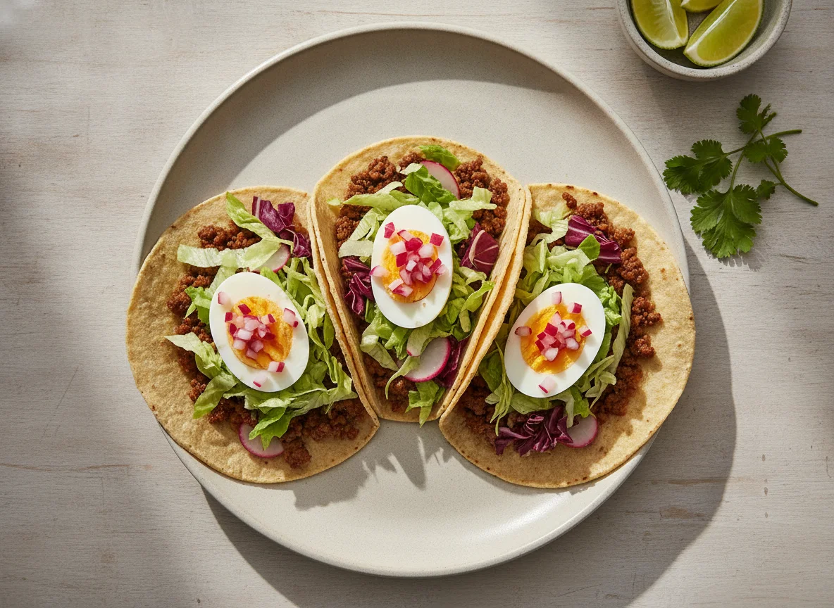 Tacos de carne con huevo y lechuga photo