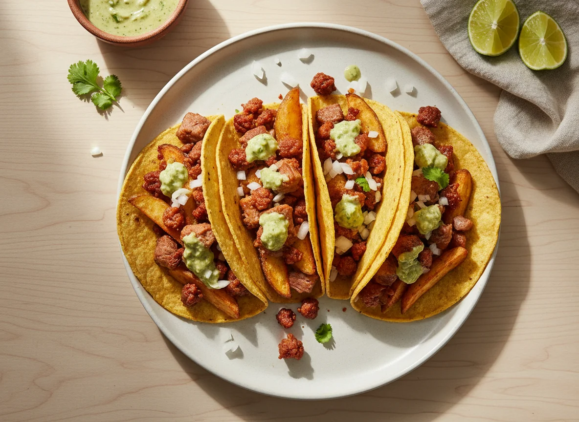 Tacos de carne con papas y chorizo photo