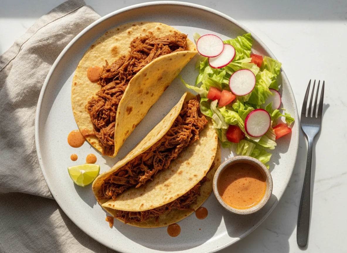 Tacos de carne deshebrada con guarnición photo