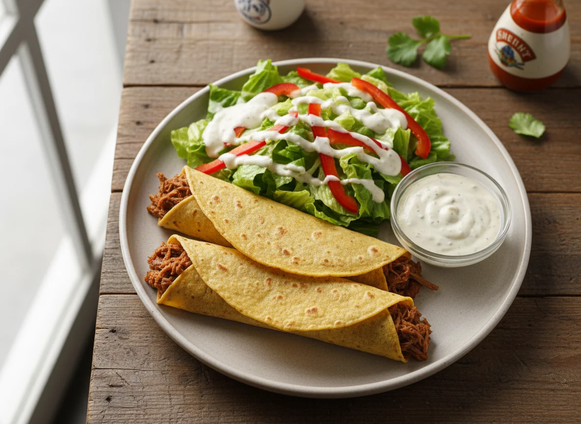 Tacos de carne deshebrada y ensalada photo
