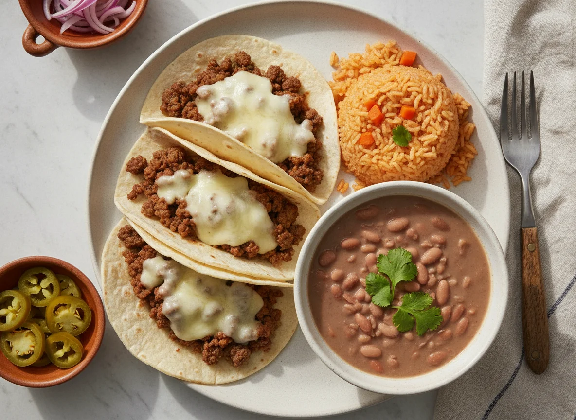Tacos de carne molida con arroz y frijoles photo