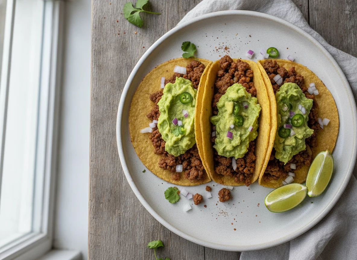 Tacos de carne molida con guacamole photo
