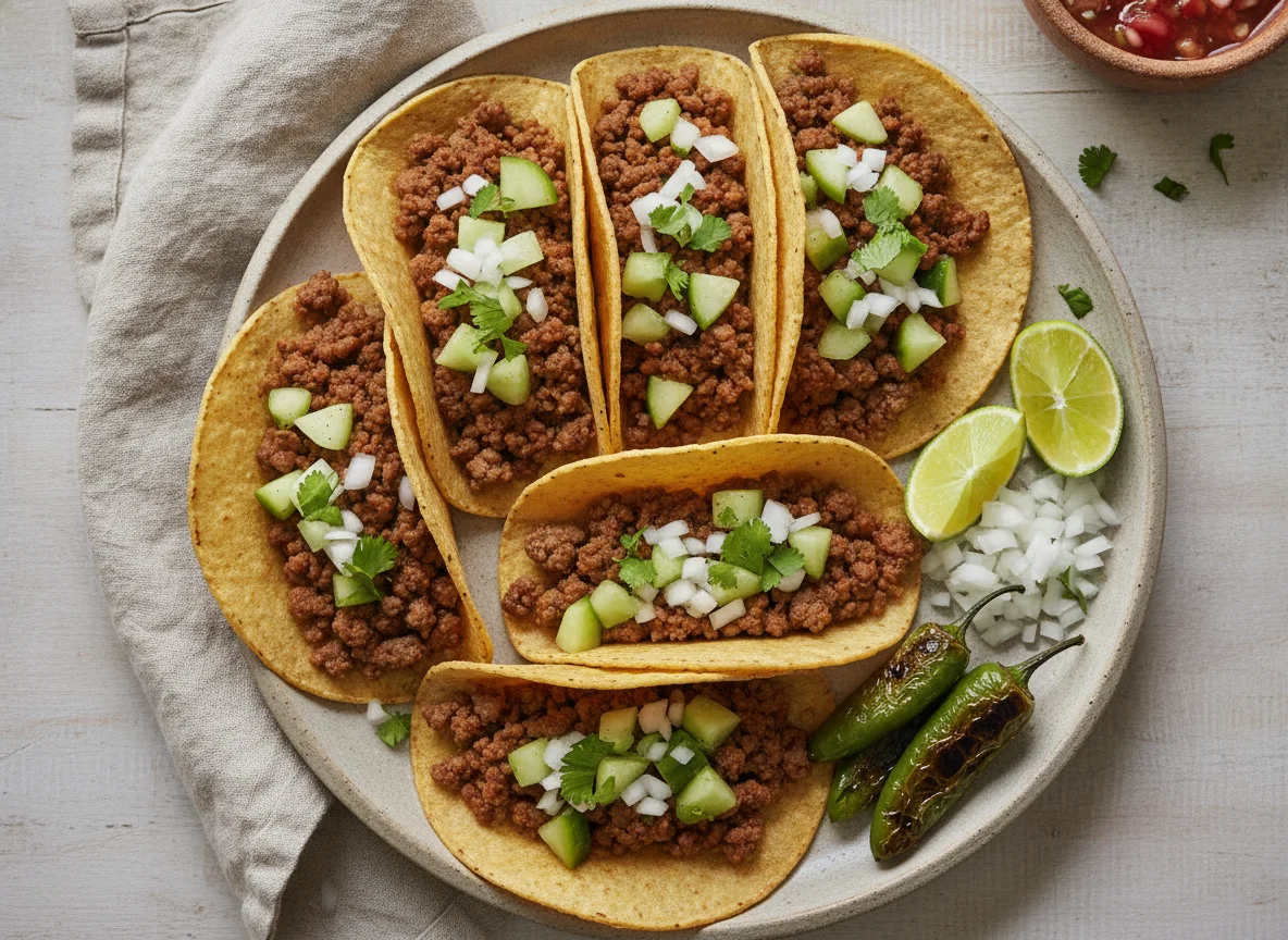 Tacos de carne molida con pepino y guarniciones photo