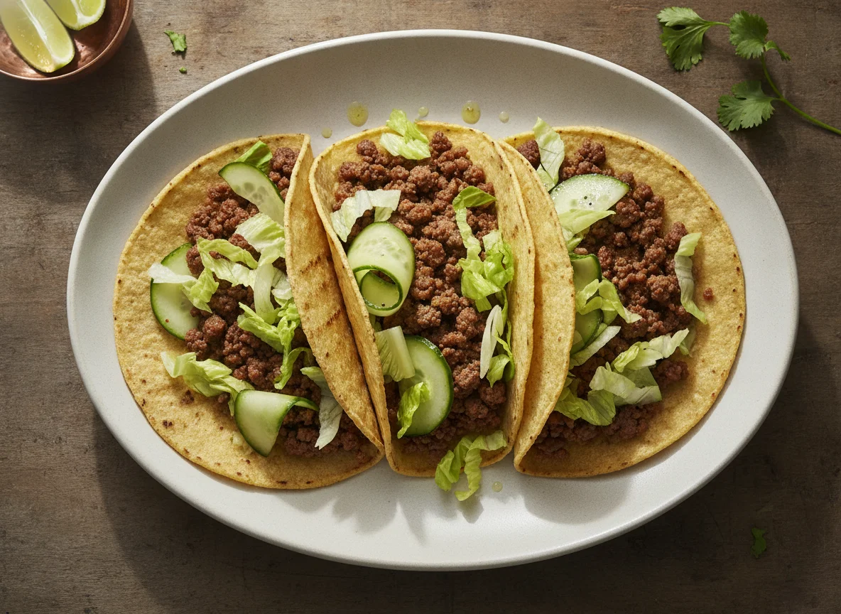 Tacos de carne molida con pepino y lechuga photo