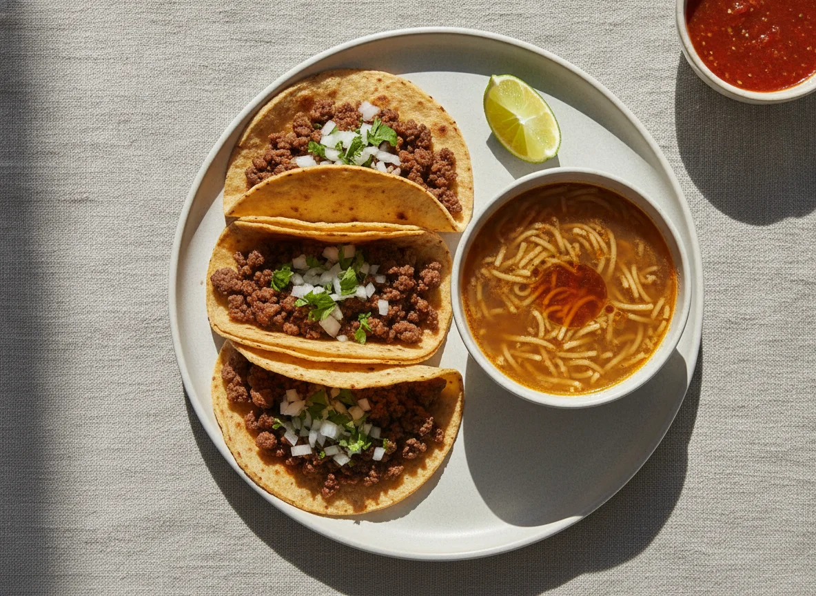 Tacos de carne molida y sopa de fideo photo