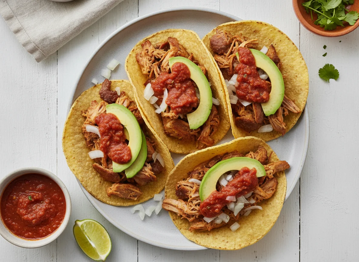 Tacos de carnitas con aguacate y salsa photo