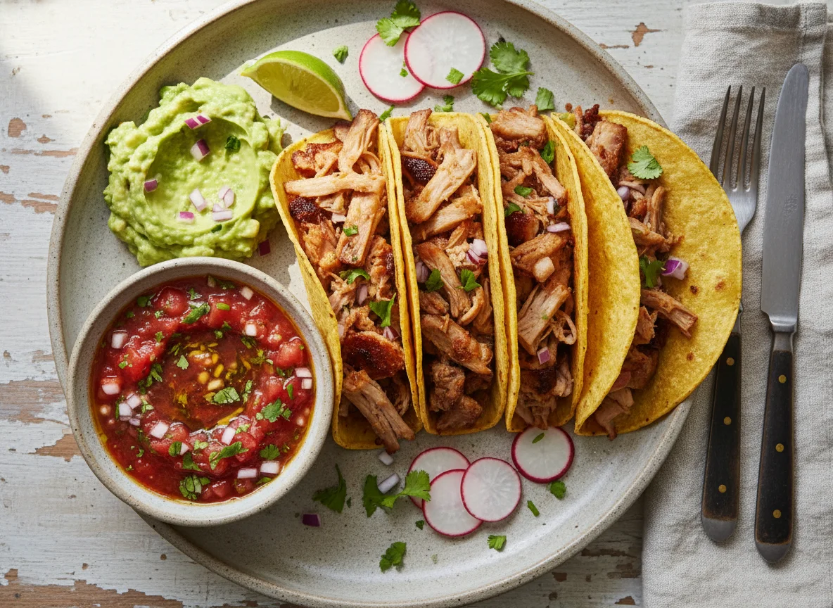 Tacos de Carnitas con Guacamole y Salsa photo