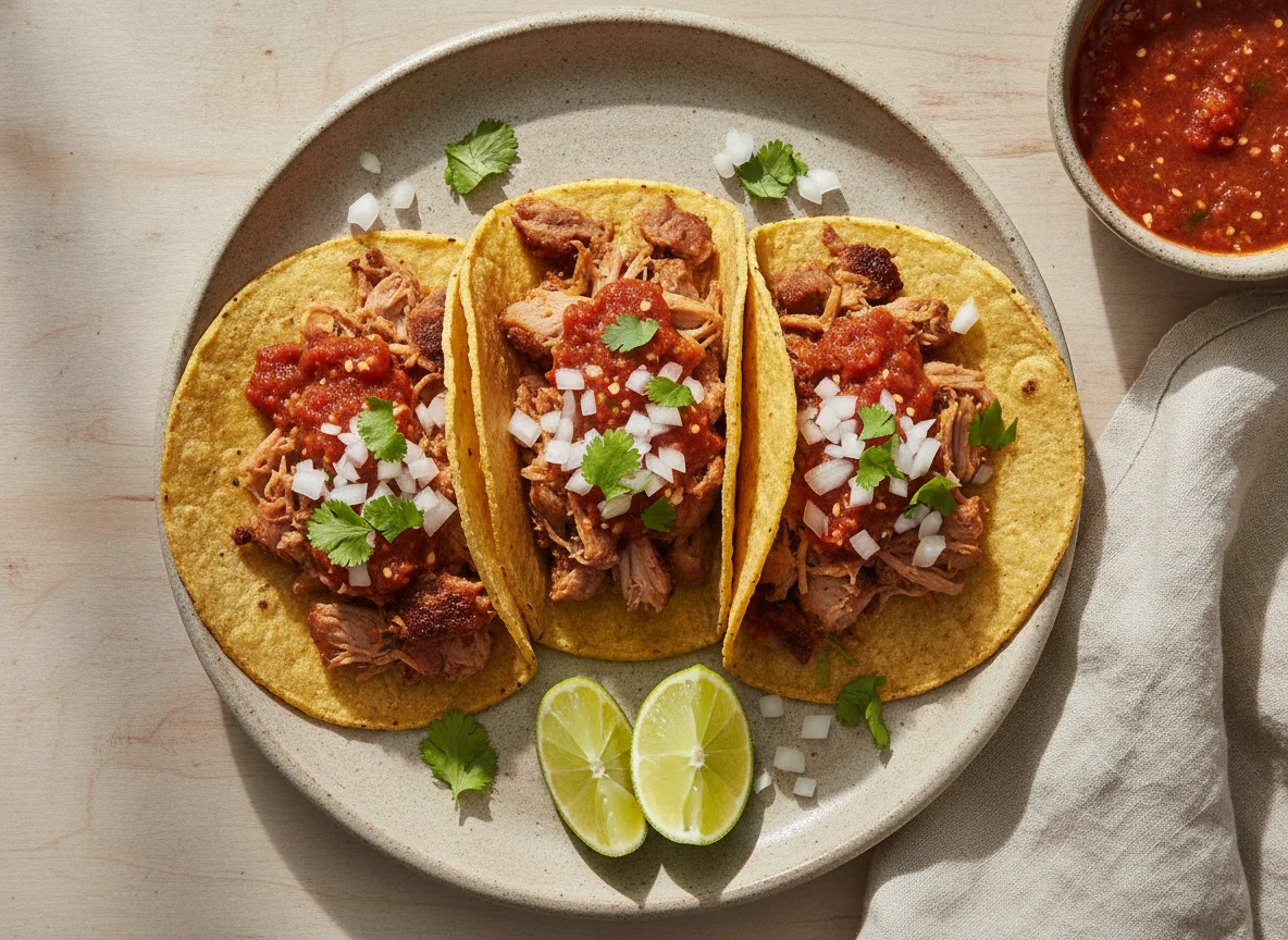 Tacos de carnitas con salsa photo