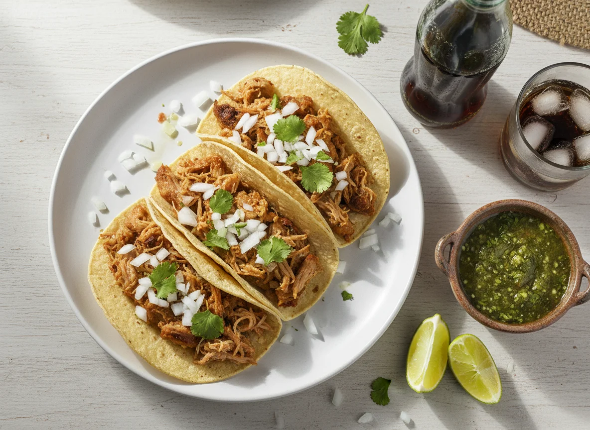 Tacos de carnitas con salsa y limón photo