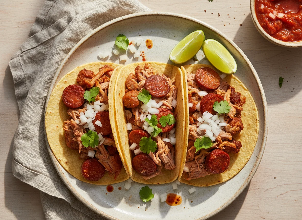 Tacos de carnitas y chorizo photo