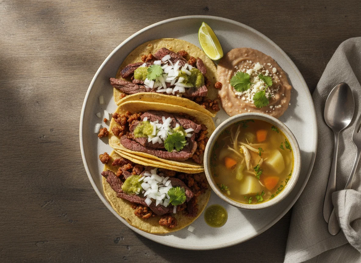 Tacos de cecina y longaniza con sopa y frijoles photo