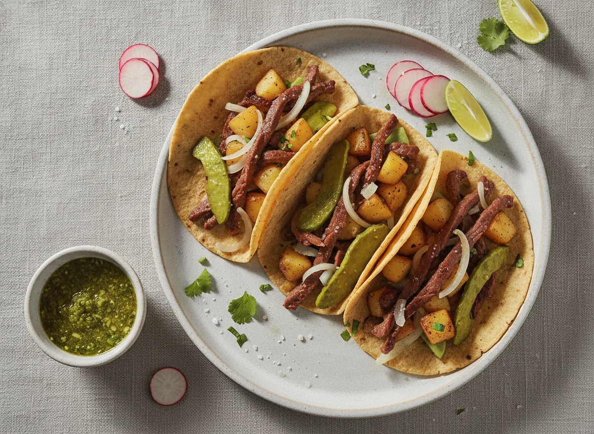 Tacos de cecina y papas con nopales photo
