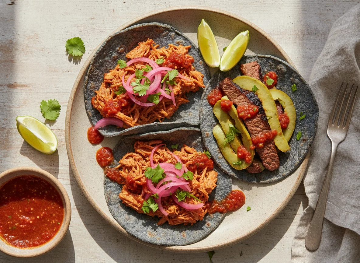 Tacos de cochinita pibil y bistec con nopales photo