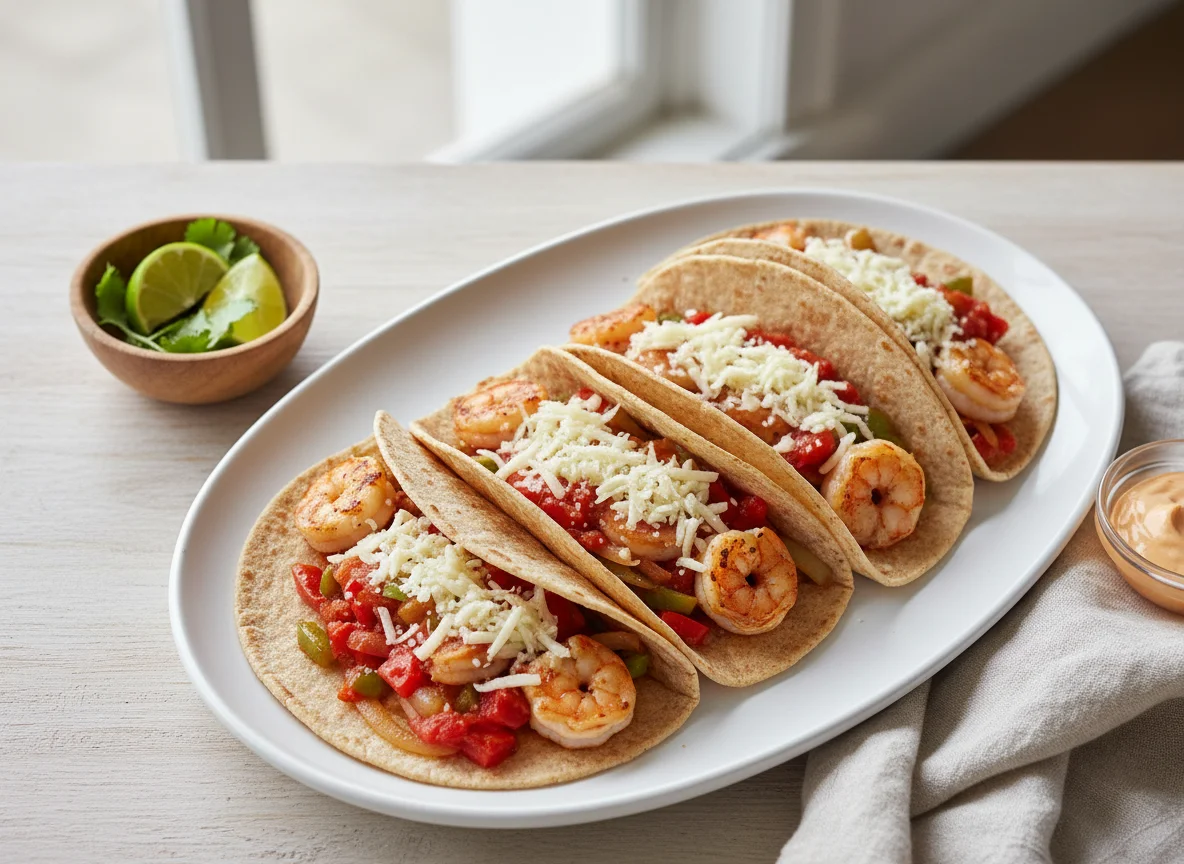 Tacos de gambas con verduras y queso photo