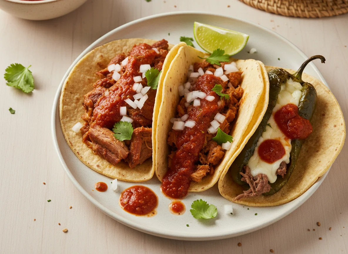 Tacos de guisado con chile relleno y salsa photo