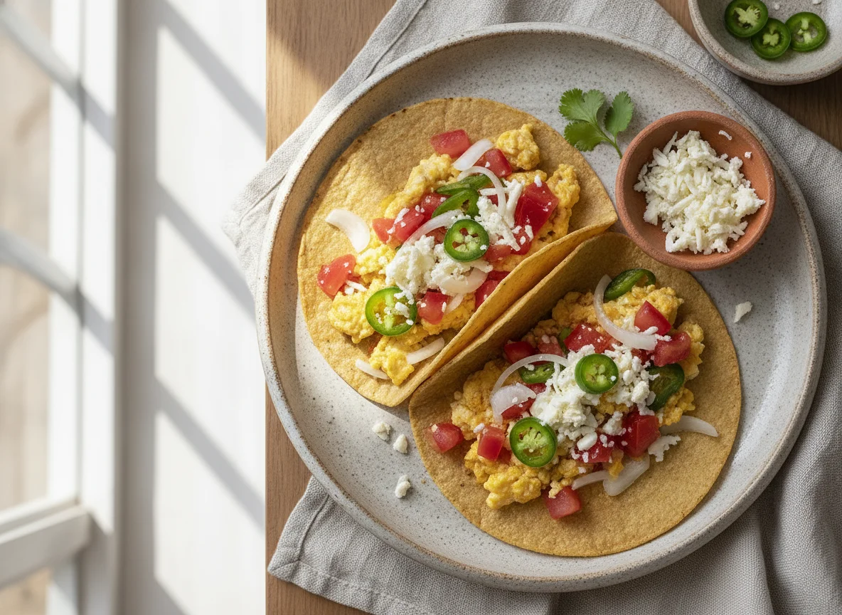 Tacos de huevo a la mexicana con queso photo