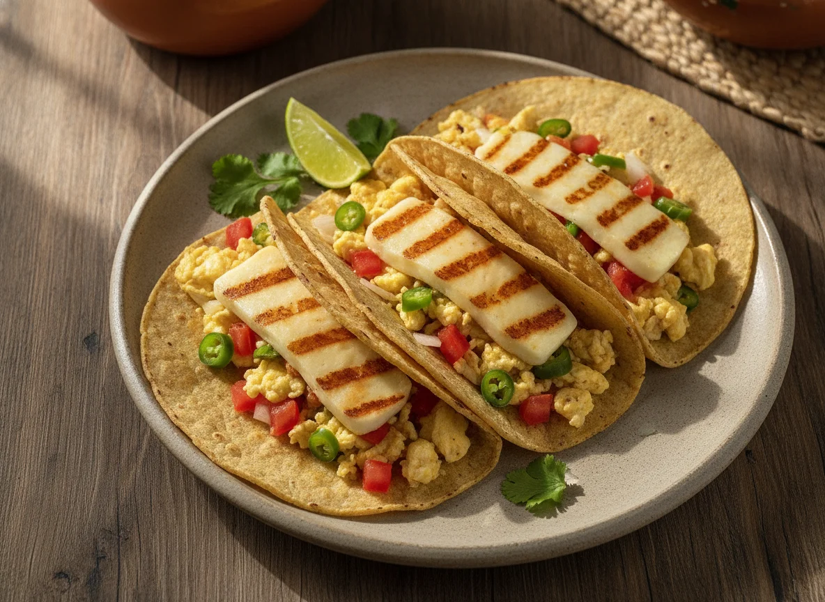 Tacos de huevo a la mexicana con queso asado photo