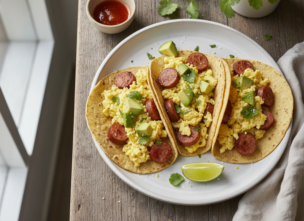 Tacos de huevo con aguacate y salchichas photo