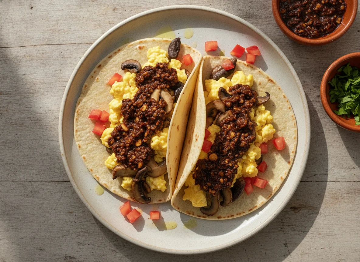 Tacos de huevo con champiñones y salsa macha photo