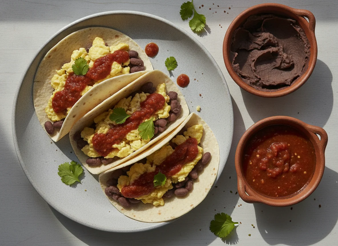 Tacos de huevo con frijoles en tortilla de harina photo