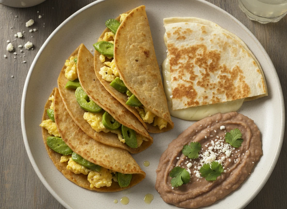 Tacos de huevo con nopales, quesadilla y frijoles photo