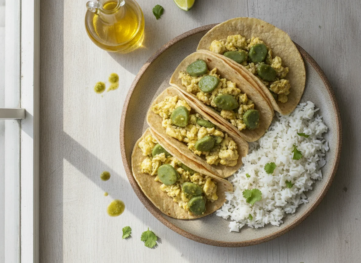 Tacos de huevo con nopales y arroz photo