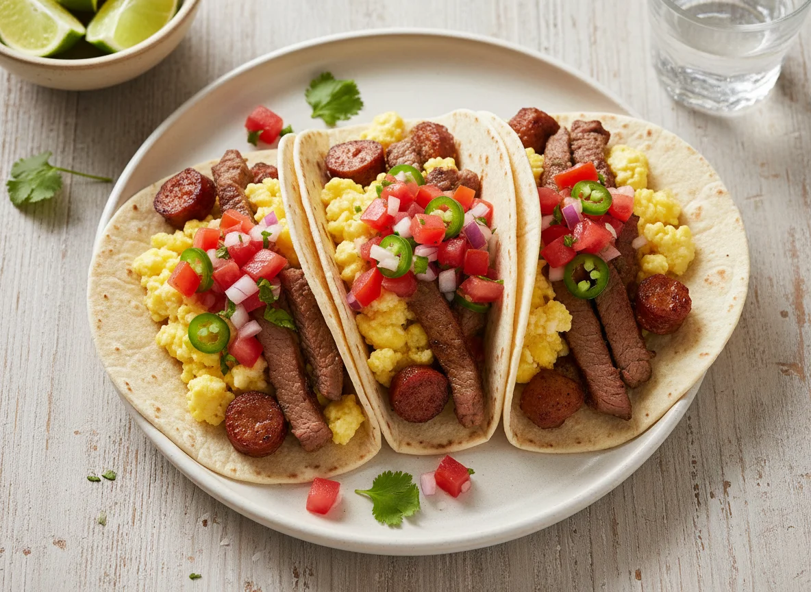 Tacos de huevo con salchicha y carne asada photo