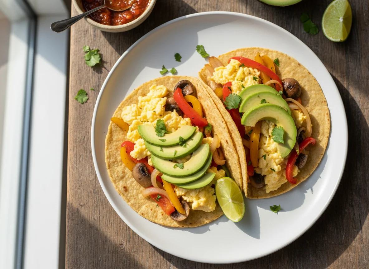 Tacos de huevo revuelto con aguacate photo