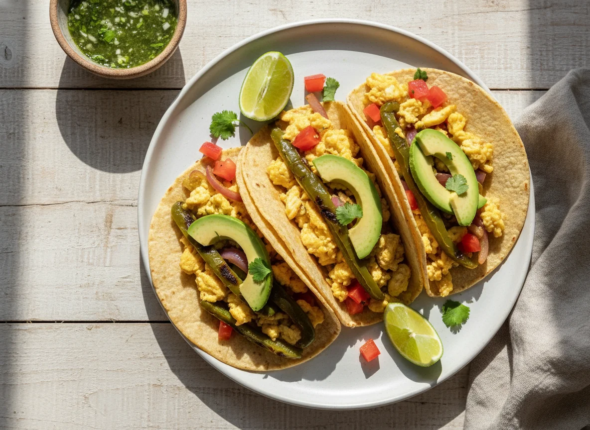 Tacos de huevo revuelto con aguacate y vegetales photo