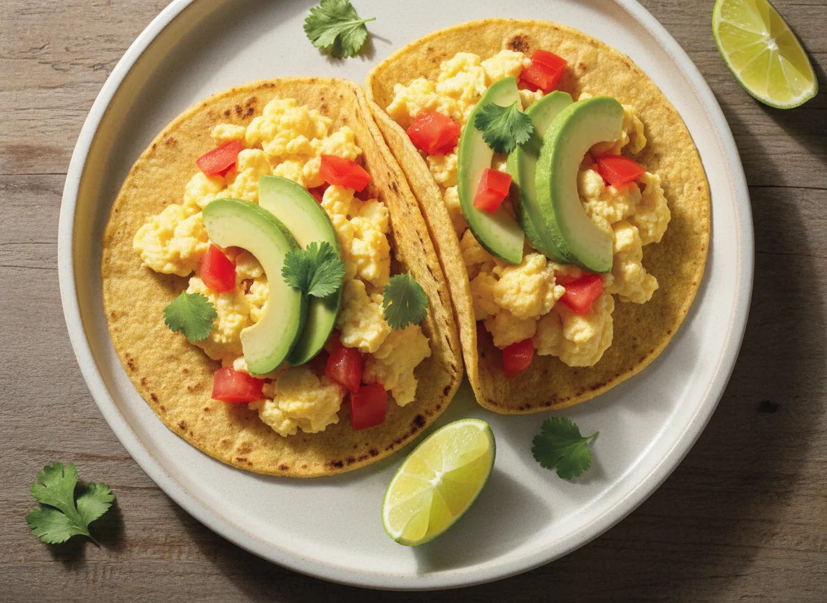 Tacos de huevo revuelto con tomate y aguacate photo