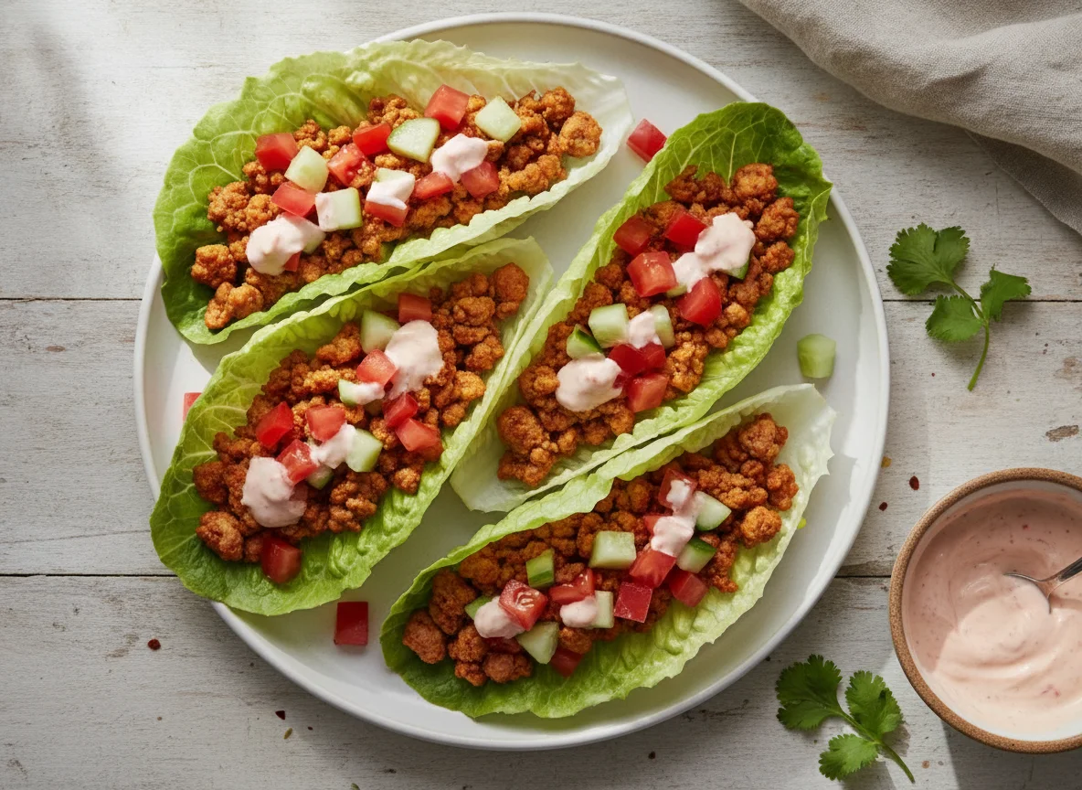 Tacos de lechuga con carne picada y ensalada de tomate photo