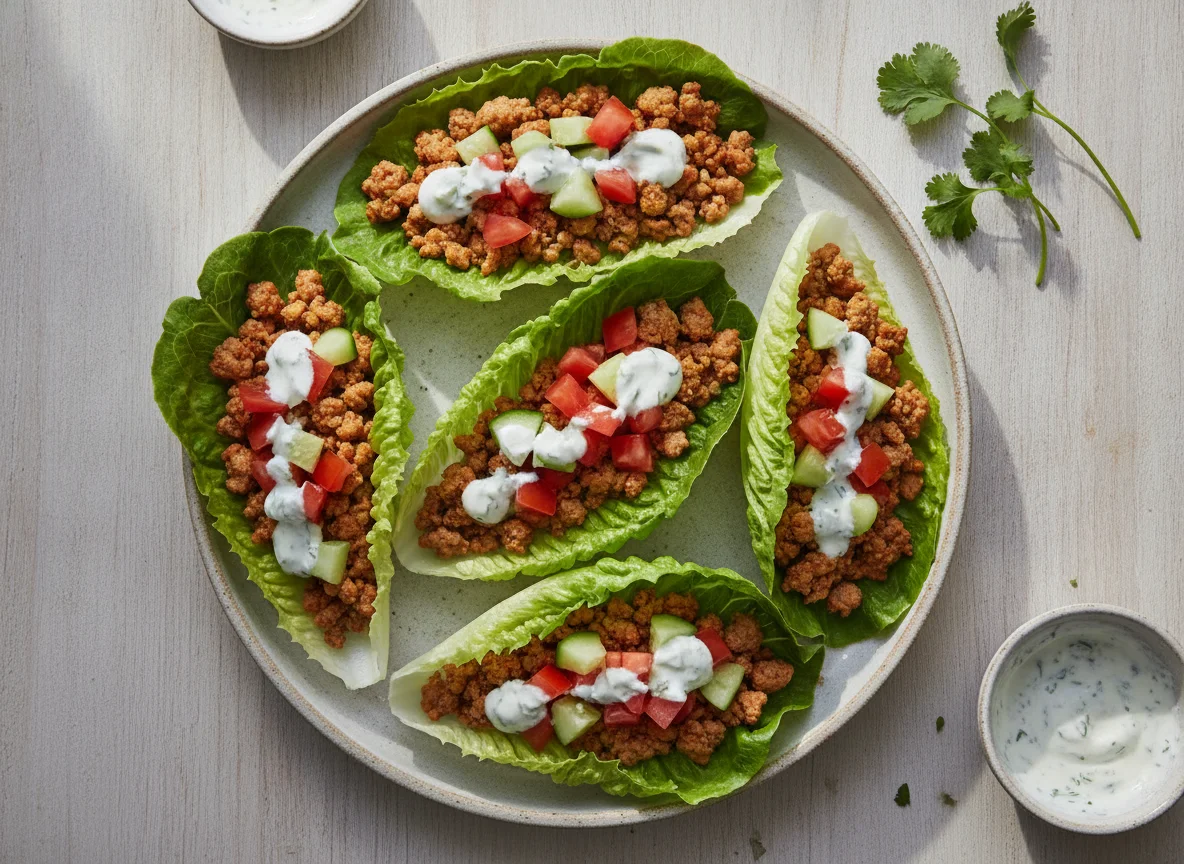 Tacos de lechuga con carne picada y ensalada de tomate y pepino photo