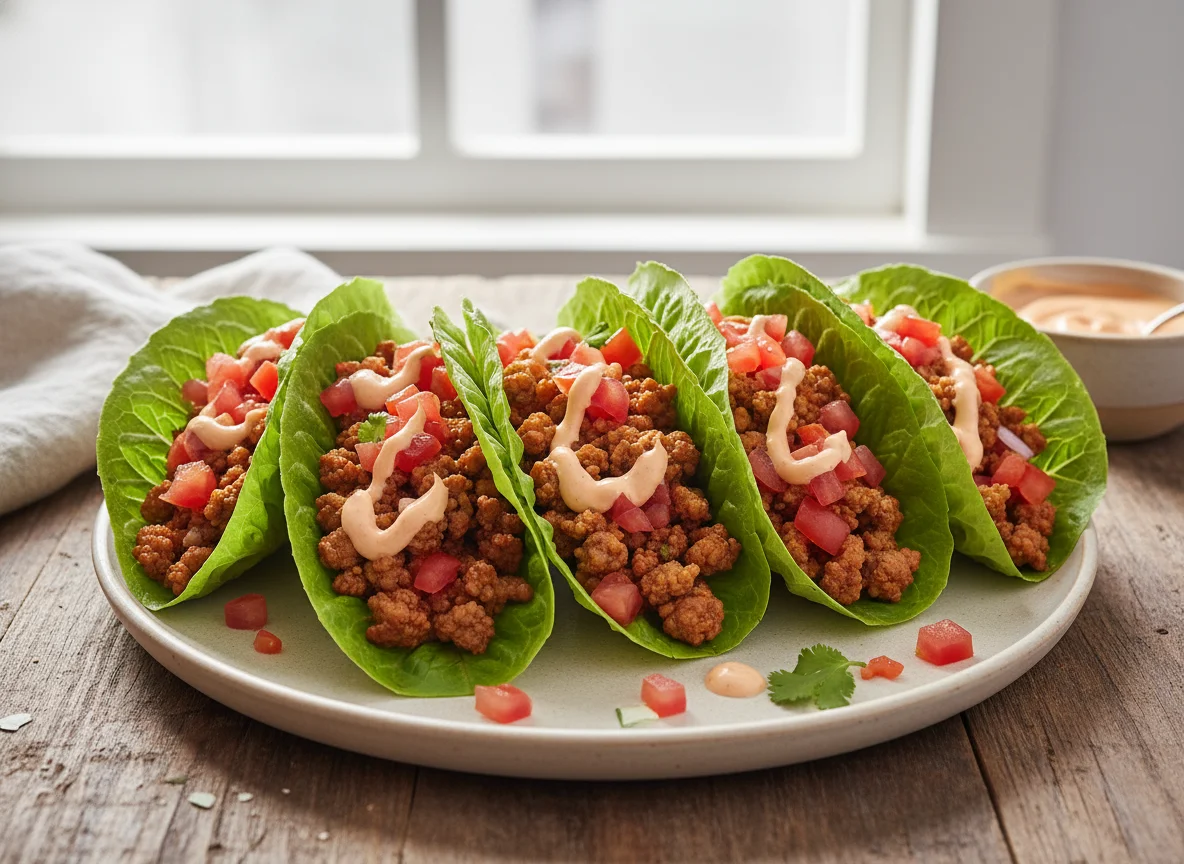 Tacos de lechuga con carne y aderezo photo