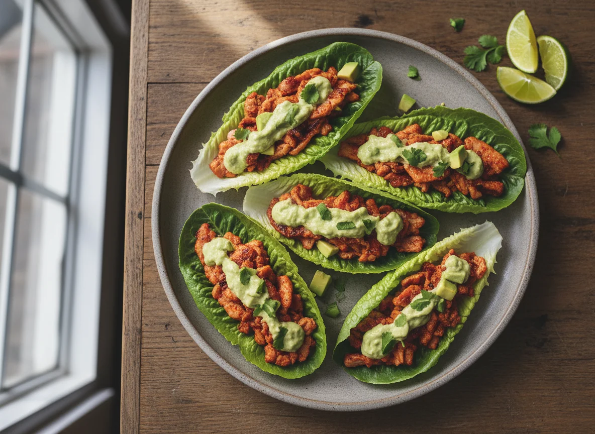 Tacos de lechuga con carne y aguacate photo