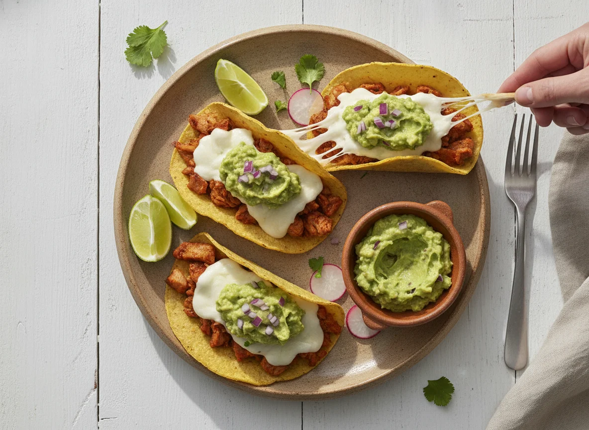 Tacos de pastor con queso y guacamole photo