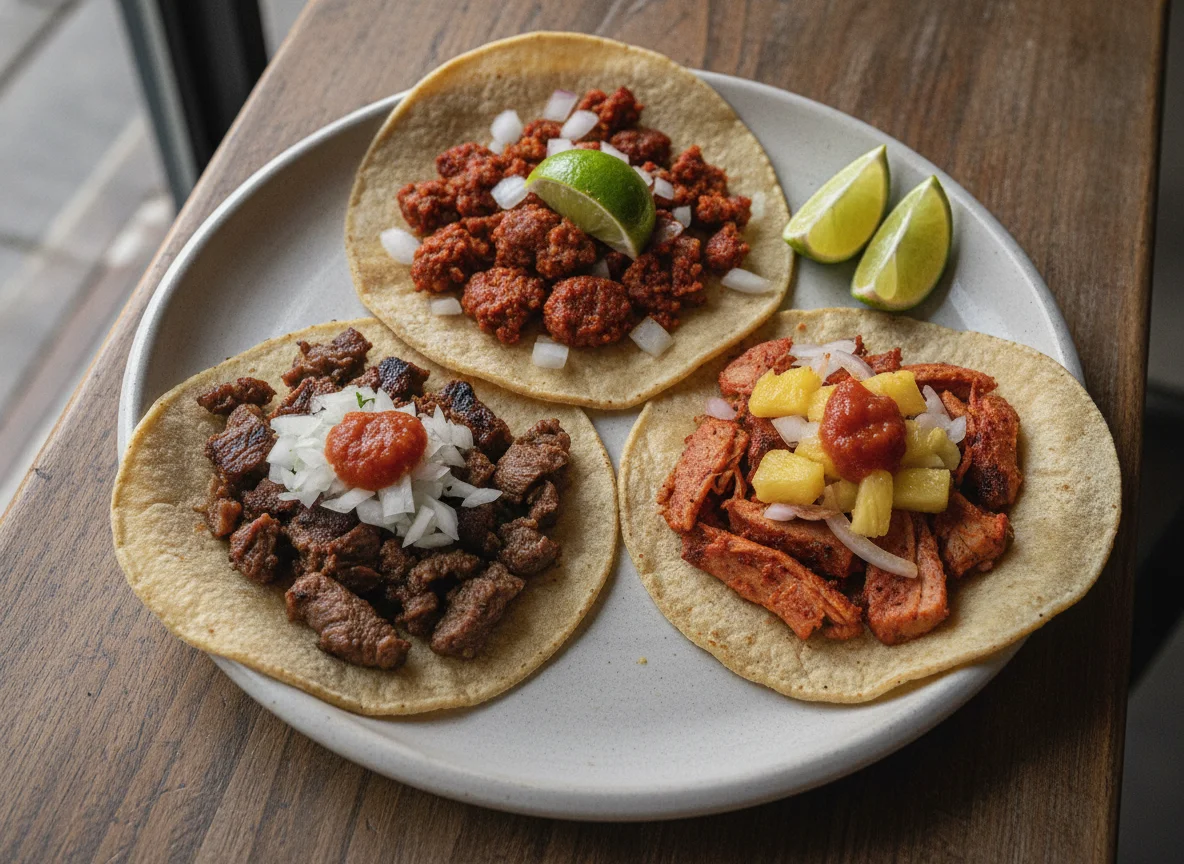 Tacos de Pastor, Suadero y Chorizo con Cebolla Asada photo