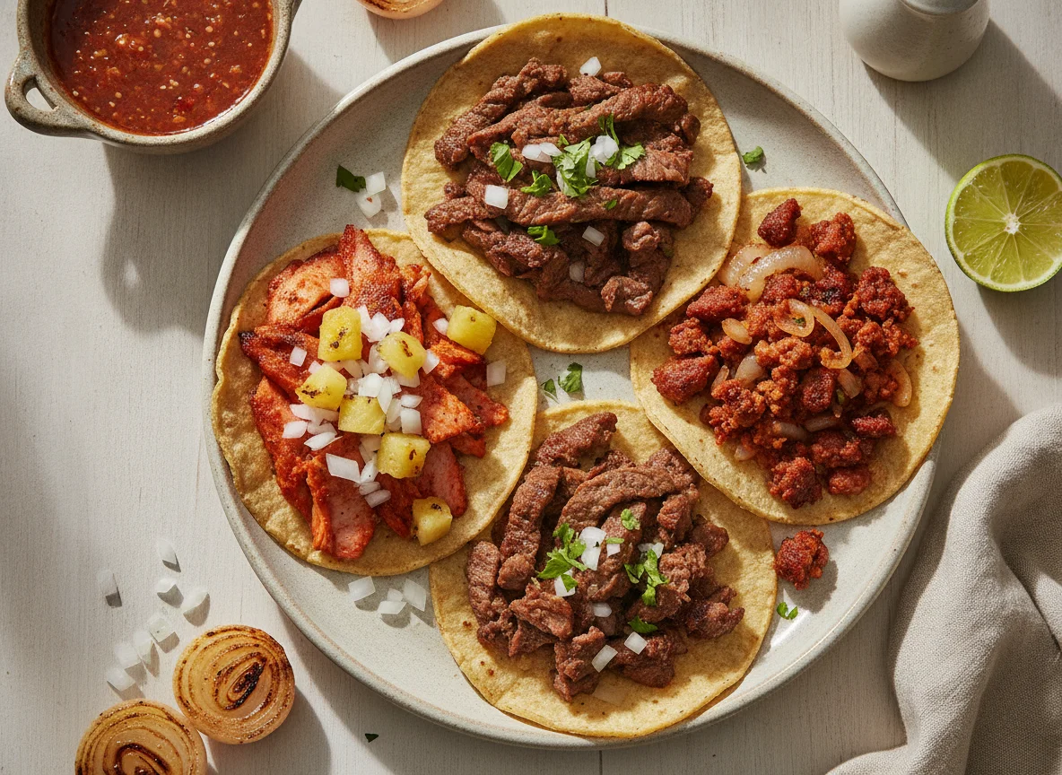 Tacos de pastor, suadero y chorizo photo