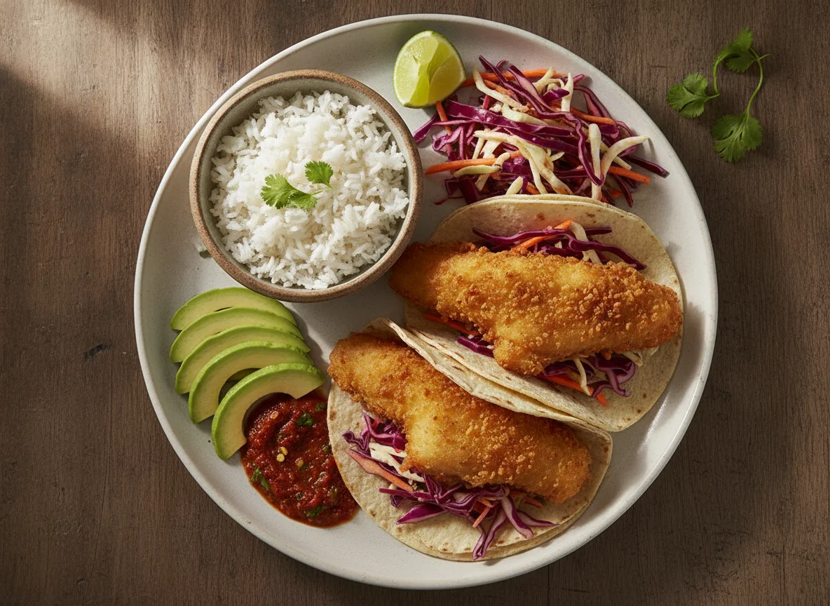 Tacos de pescado capeado con arroz photo