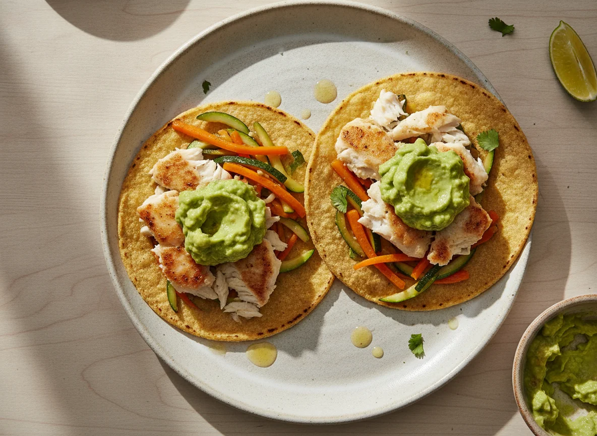 Tacos de pescado con guacamole y verduras photo