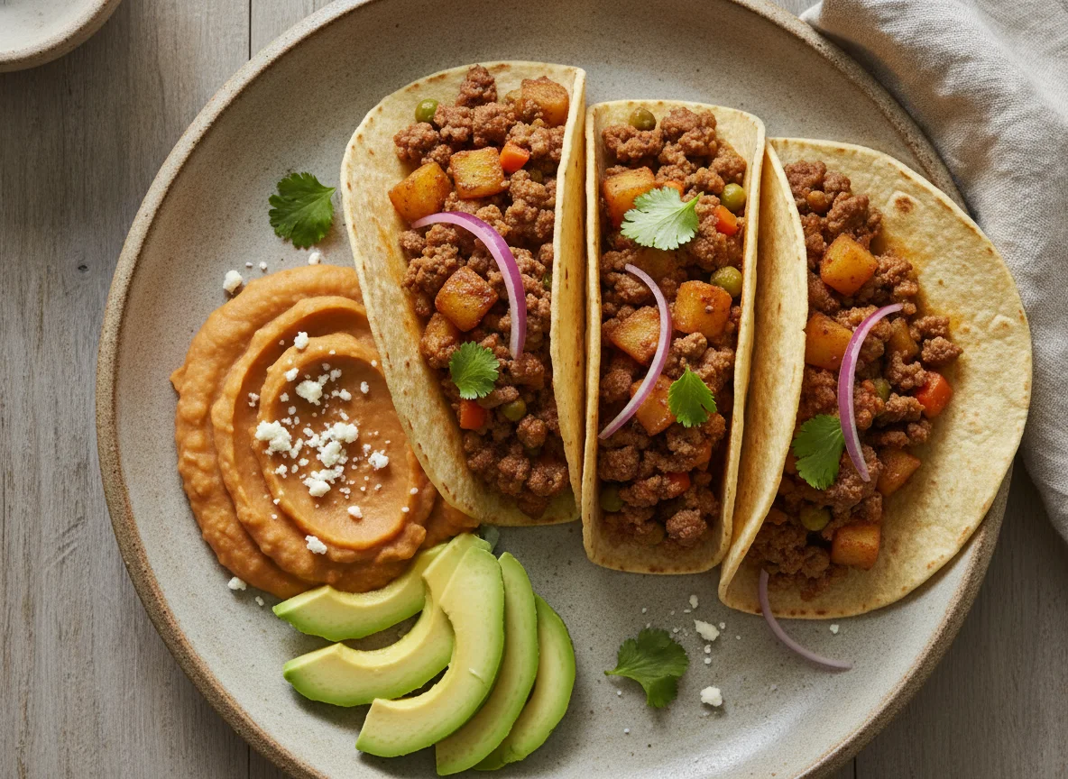 Tacos de picadillo con frijoles y aguacate photo