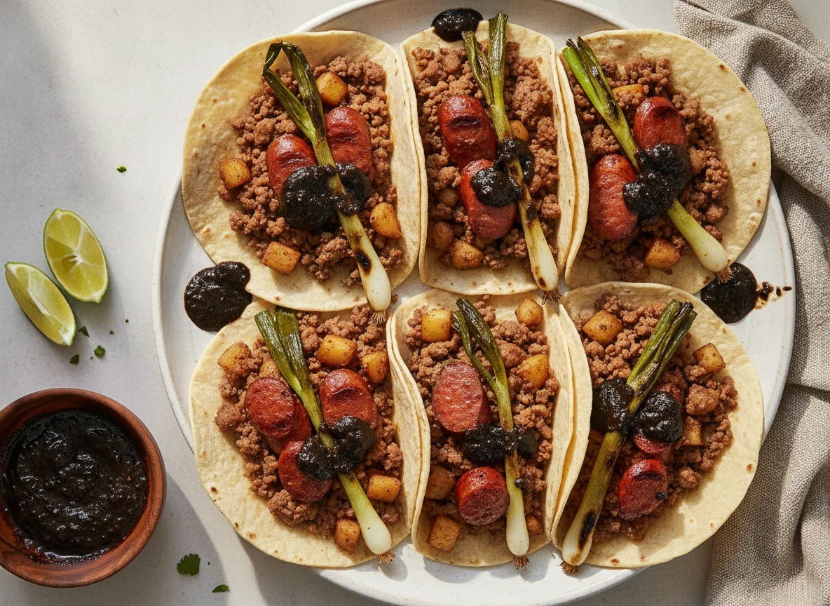 Tacos de picadillo con salchichas asadas y cebollitas photo