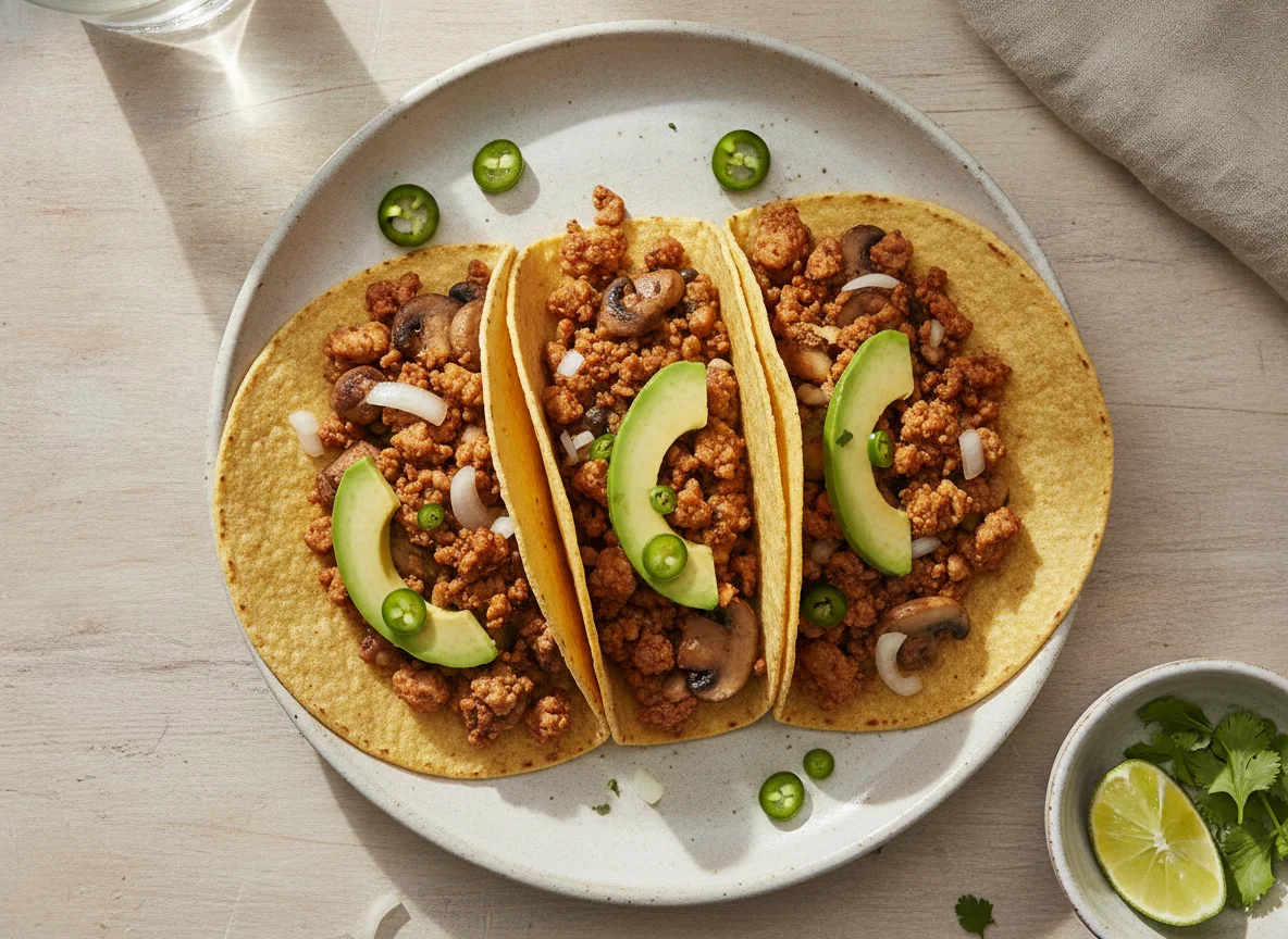 Tacos de picadillo de pavo con champiñones y aguacate photo
